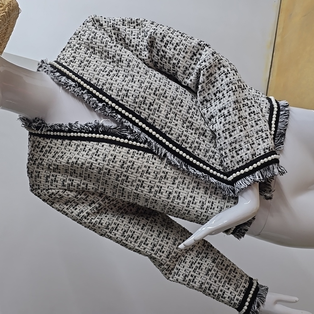 Blazer With Faux Pearl Trim Sparkly Cream and Black Stunning Tweed Fabric Size L